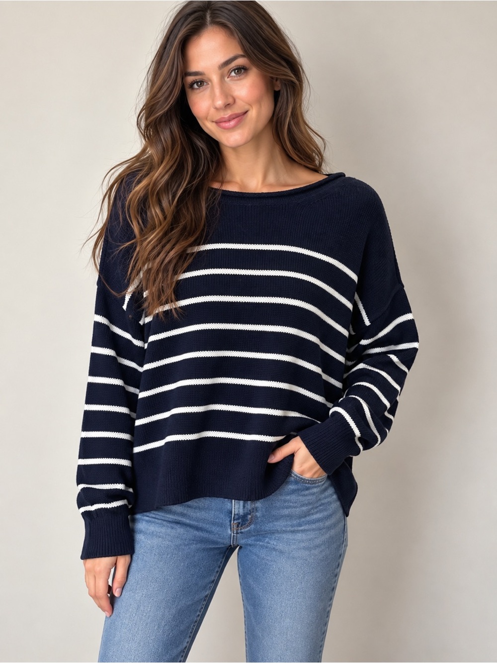 CeCe Navy and White Striped Boatneck Sweater